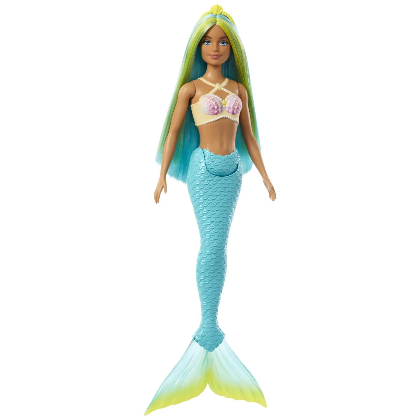 Barbie dreamtropia papusa sirena cu corset galben si coada albastra