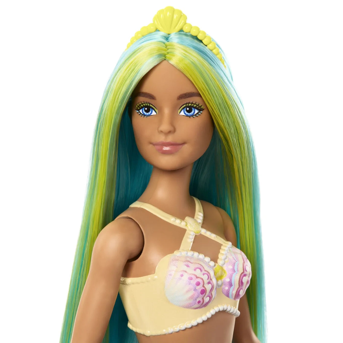 Barbie dreamtropia papusa sirena cu corset galben si coada albastra