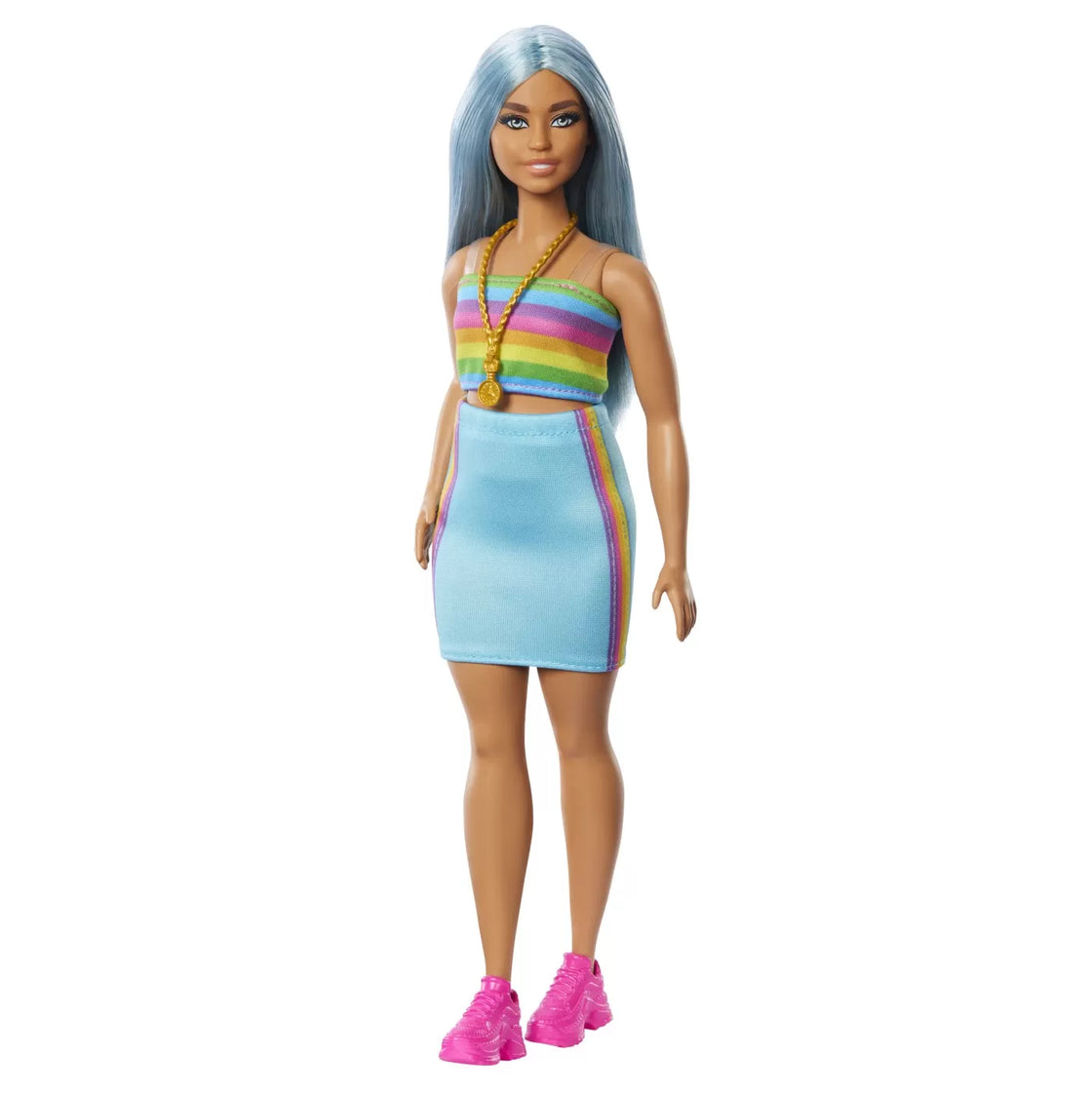 Papusa barbie fashionista cu par albastru platinat si top sport