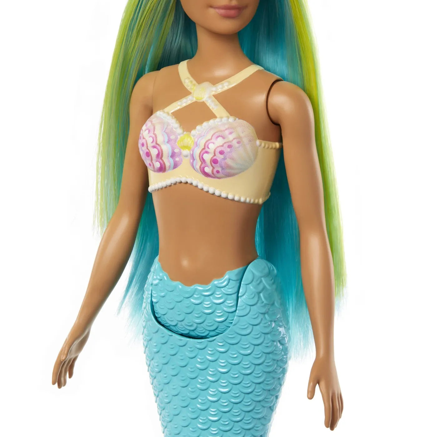 Barbie dreamtropia papusa sirena cu corset galben si coada albastra