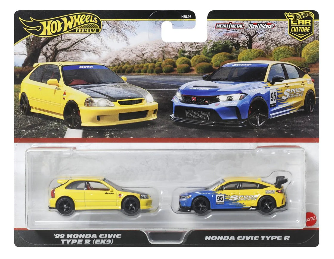 Hot wheels premium set 2 masinute metalice honda civic 99 tip r ek9 si honda civic tip r scara 1:64