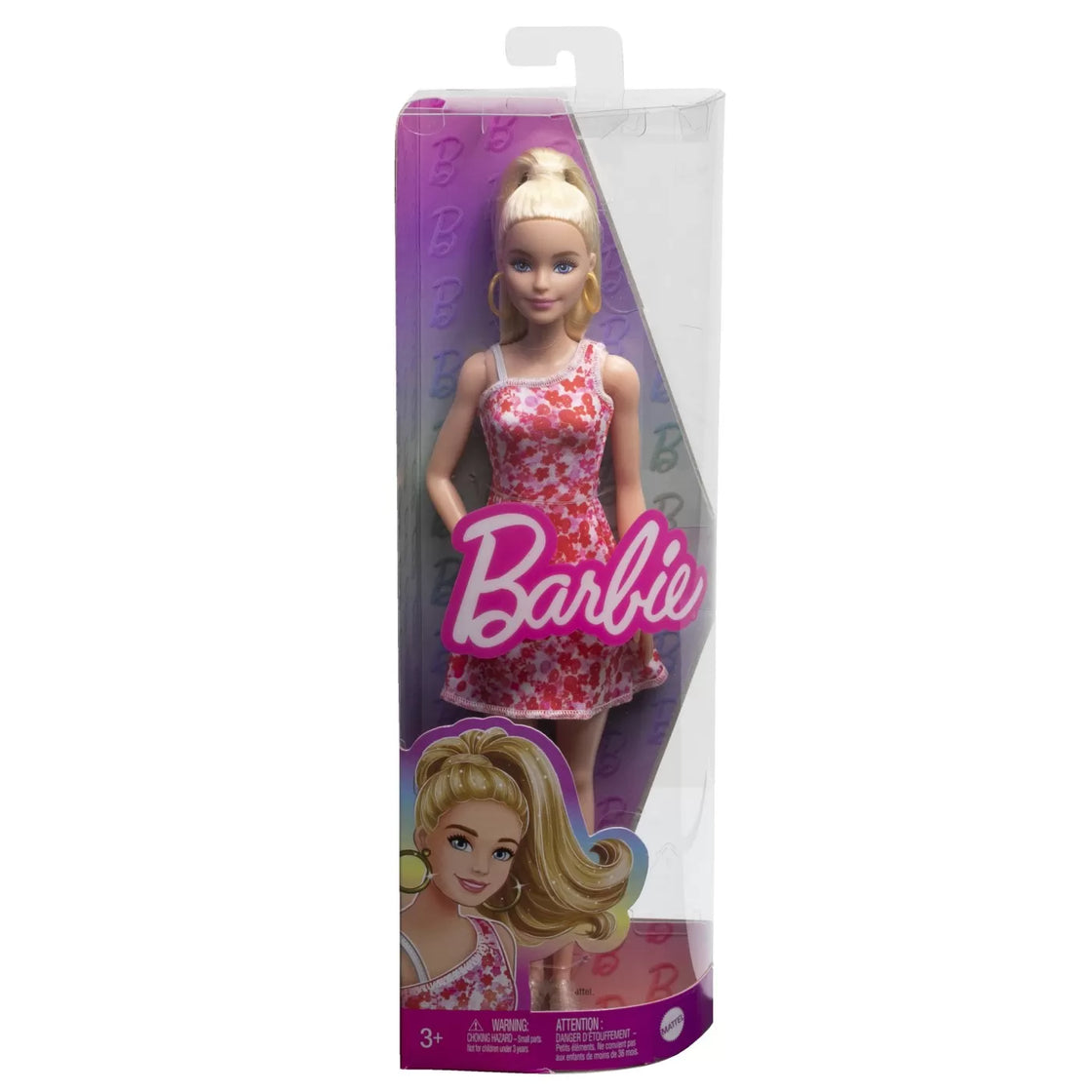 Barbie papusa barbie fashionista blonda cu parul prins in coada si rochie cu floricele
