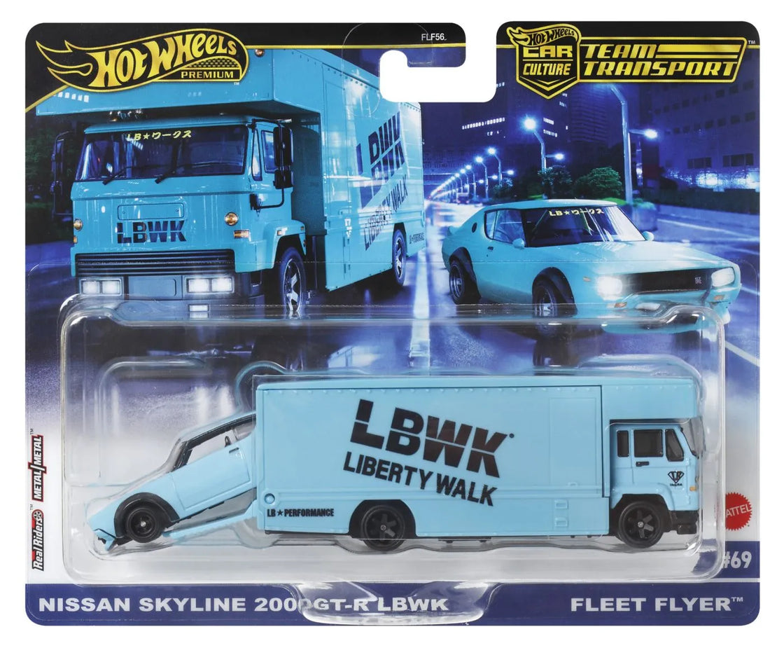 Hot wheels transportator fleet flyer cu masinuta nissan skyline 2000 gt-r lbwk scara 1:64