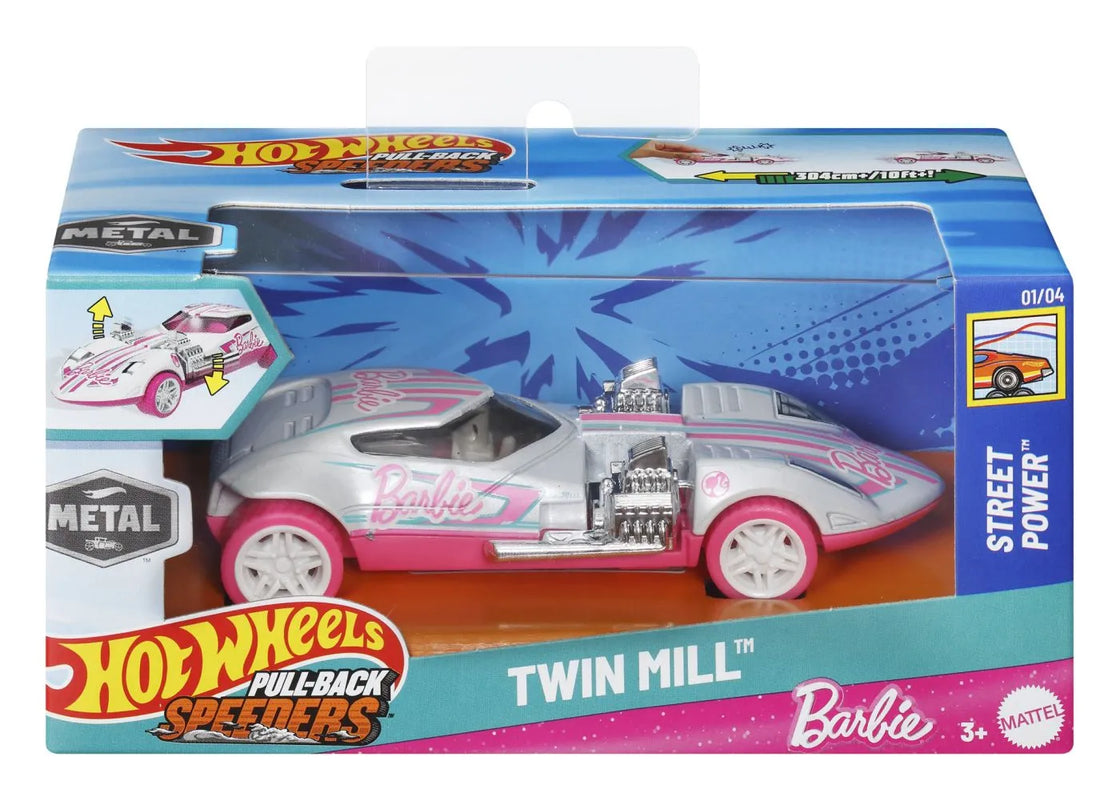 Hot wheels masinuta metalica cu sistem pull back barbie twin mill street power scara 1:43