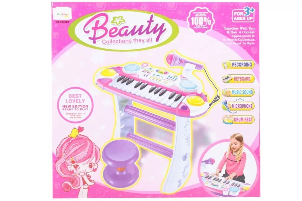 Instrument muzical pianina electronica malplay cu scaun si microfon 45 cm inaltime roz