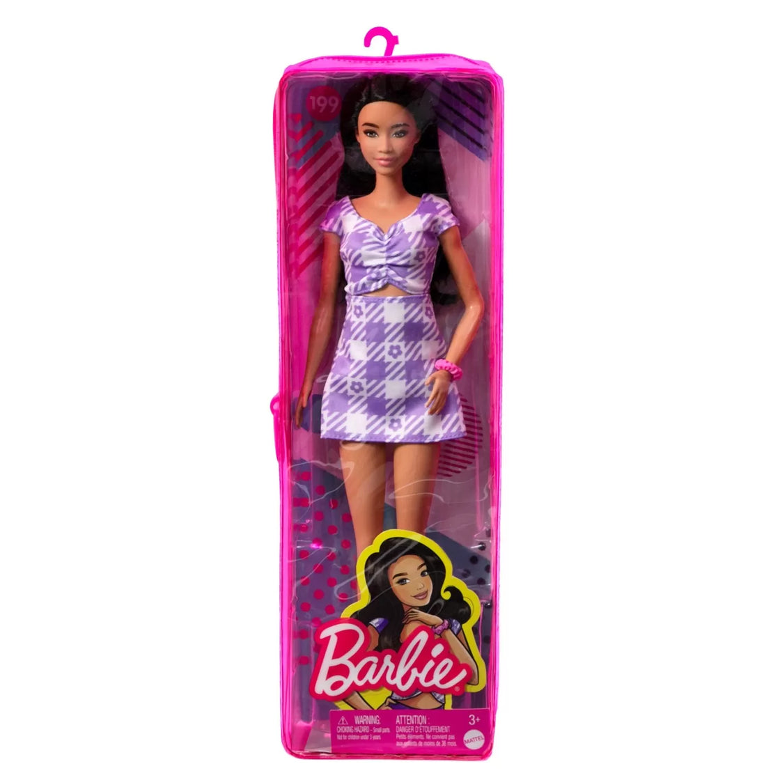 Papusa barbie fashionista bruneta cu rochie mov