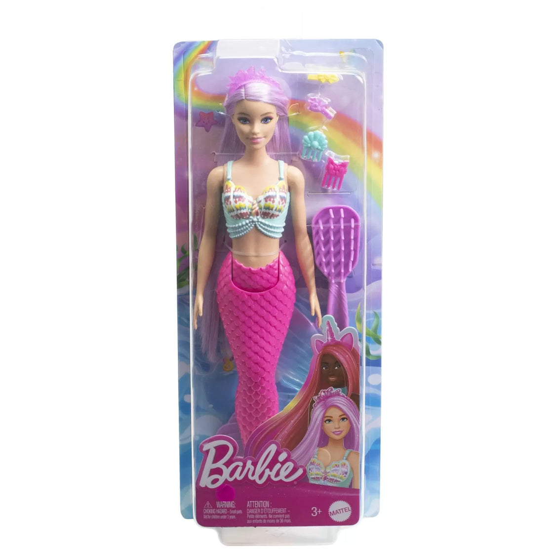 Barbie papusa sirena cu par mov si coada roz