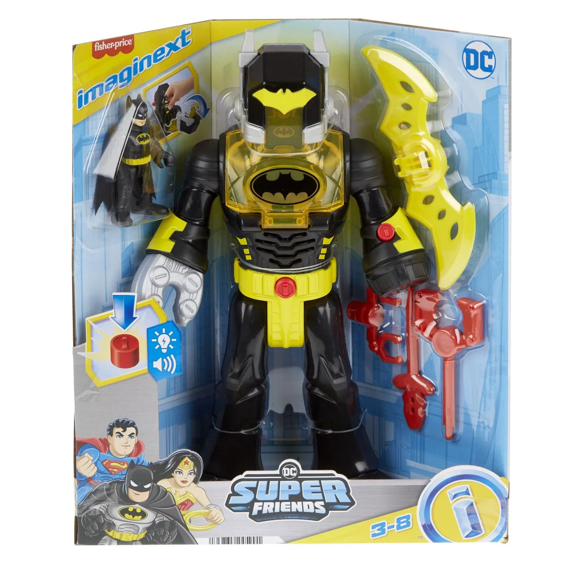 Fisher price imaginext dc super friends set figurina batman si costum exo cu lumini si sunete