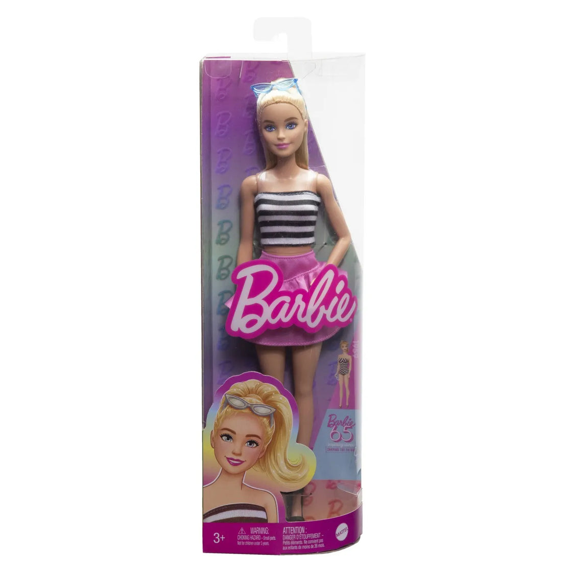Barbie papusa barbie fashionista blonda cu parul prins in coada si fusta roz