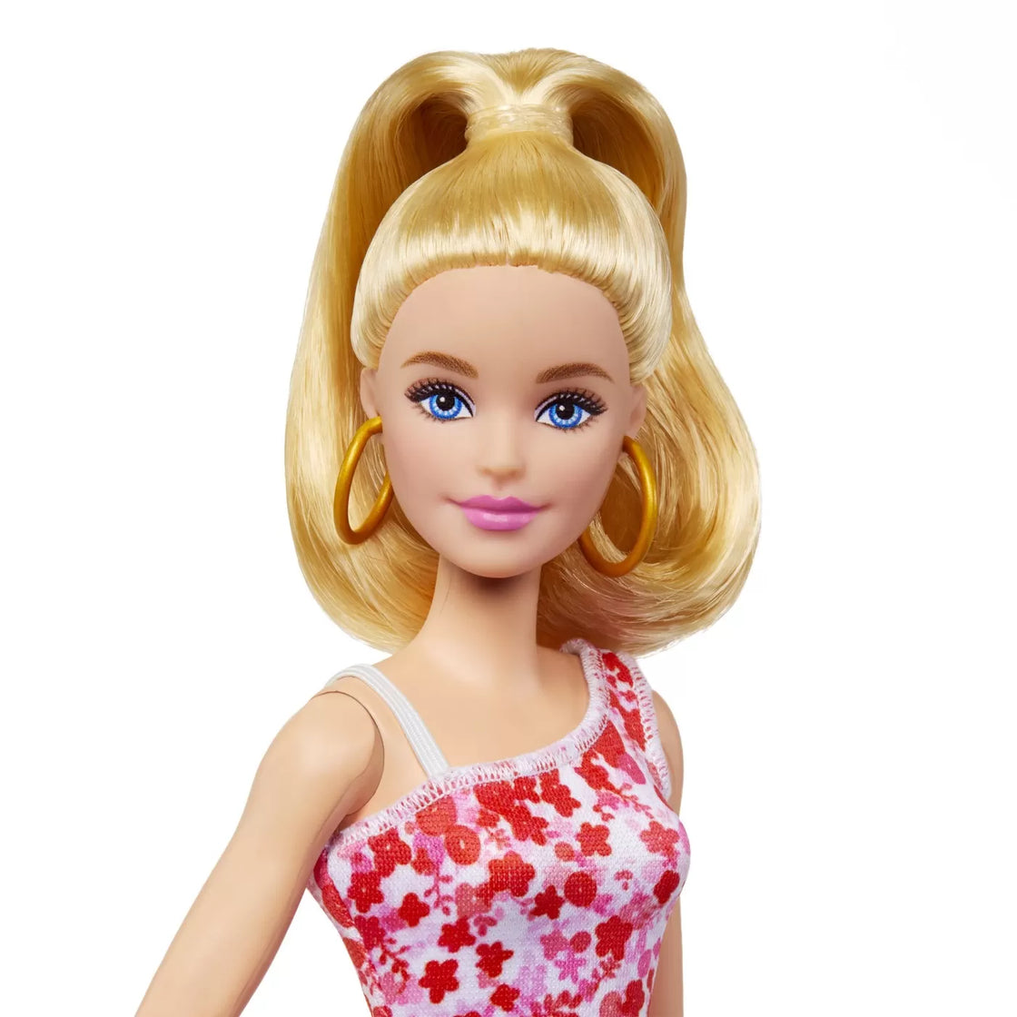 Barbie papusa barbie fashionista blonda cu parul prins in coada si rochie cu floricele