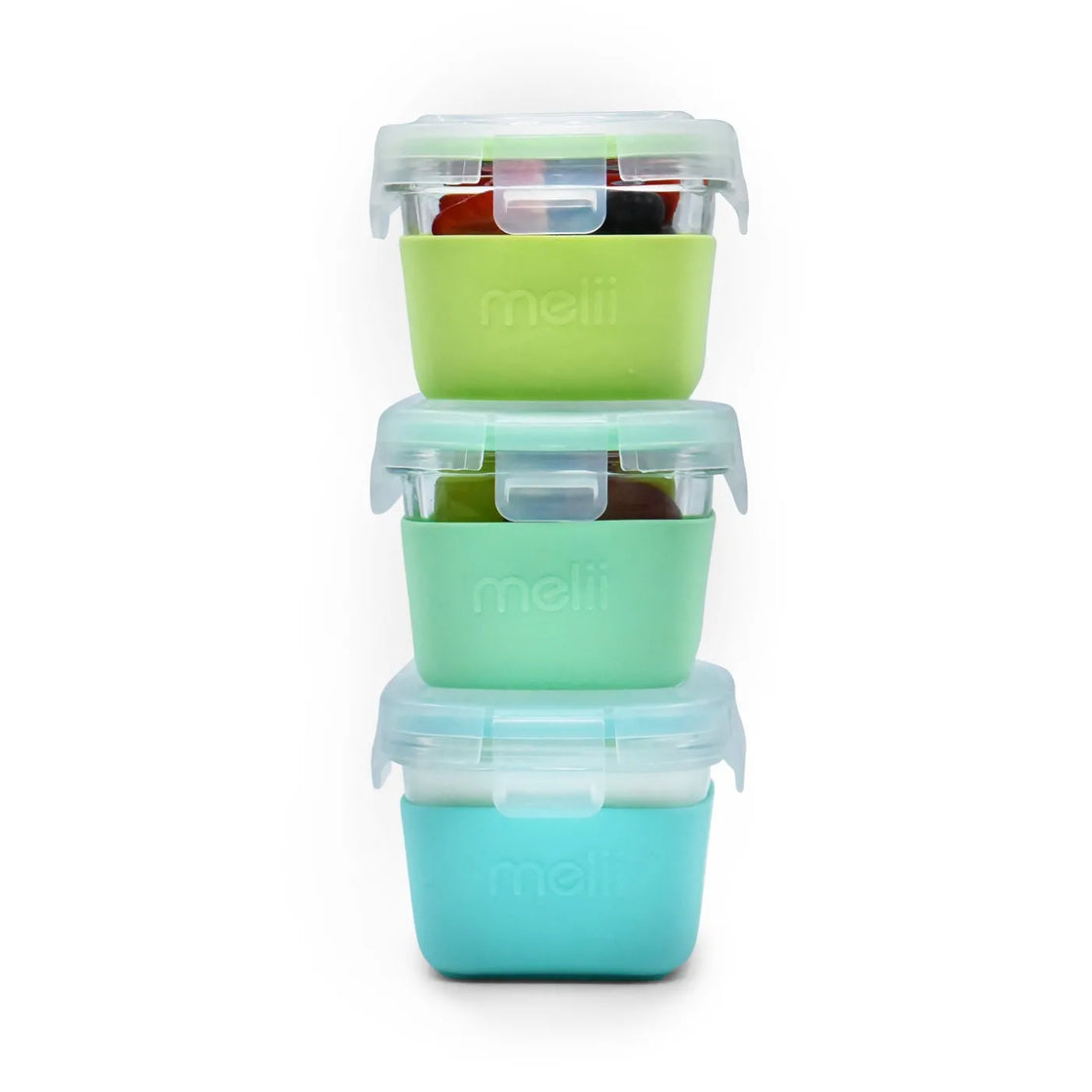 Set 3 recipiente sticla 3 160ml cu husa antiderapanta silicon melii blue mint lime
