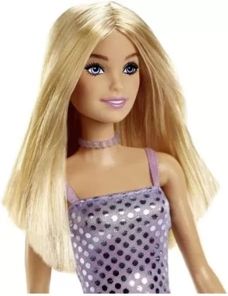 Papusa barbie tinute stralucitoare blonda cu rochita mov