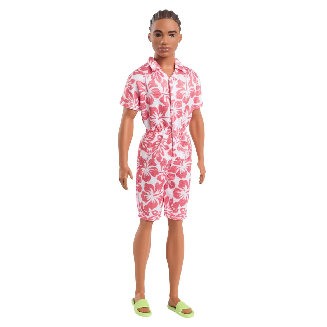 Barbie papusa baiat fashionistas in salopeta stil hawaian si sandale verzi