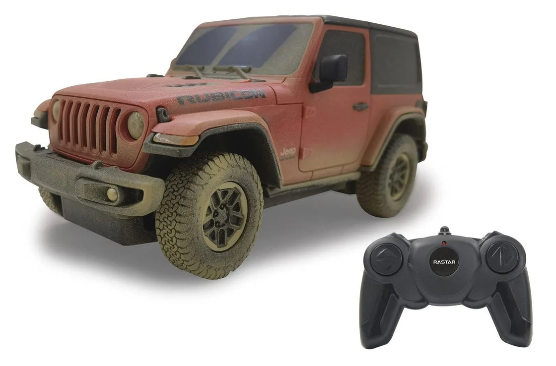 Masina cu telecomanda jeep wrangler muddy rosu cu scara 1 la 24