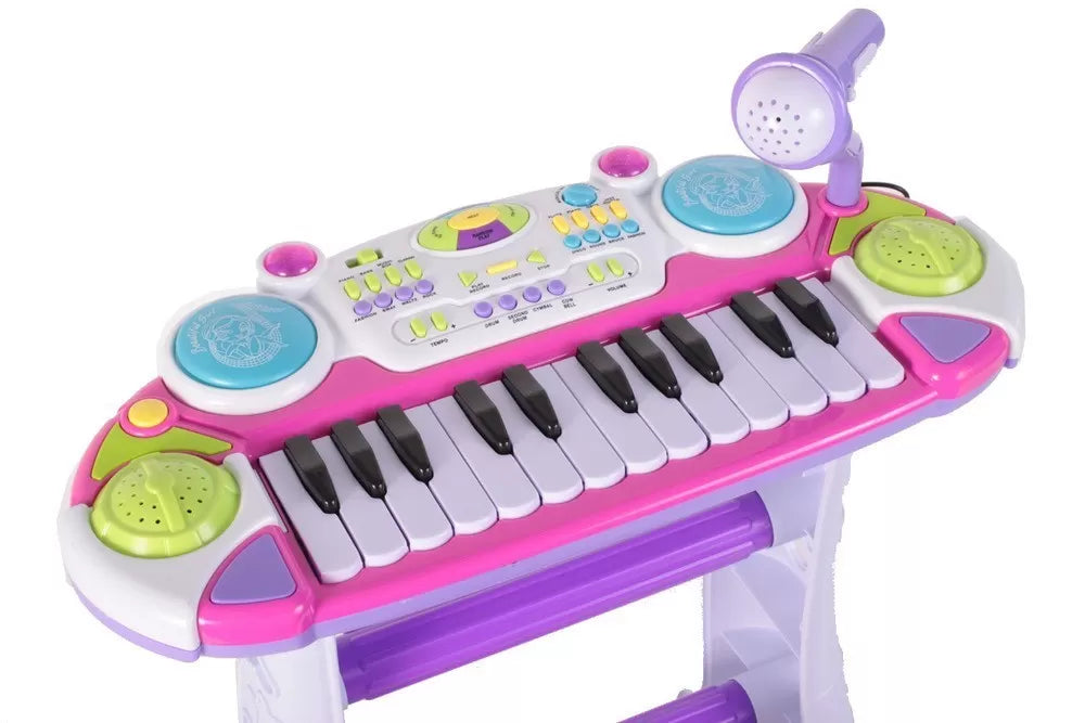 Instrument muzical pianina electronica malplay cu scaun si microfon 45 cm inaltime roz