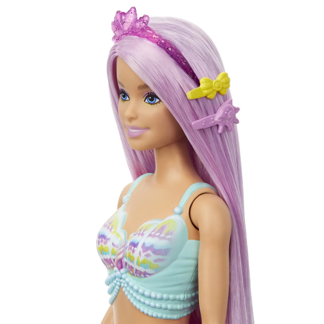 Barbie papusa sirena cu par mov si coada roz