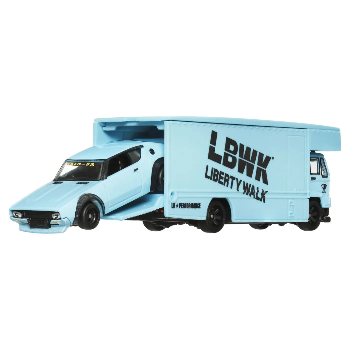Hot wheels transportator fleet flyer cu masinuta nissan skyline 2000 gt-r lbwk scara 1:64
