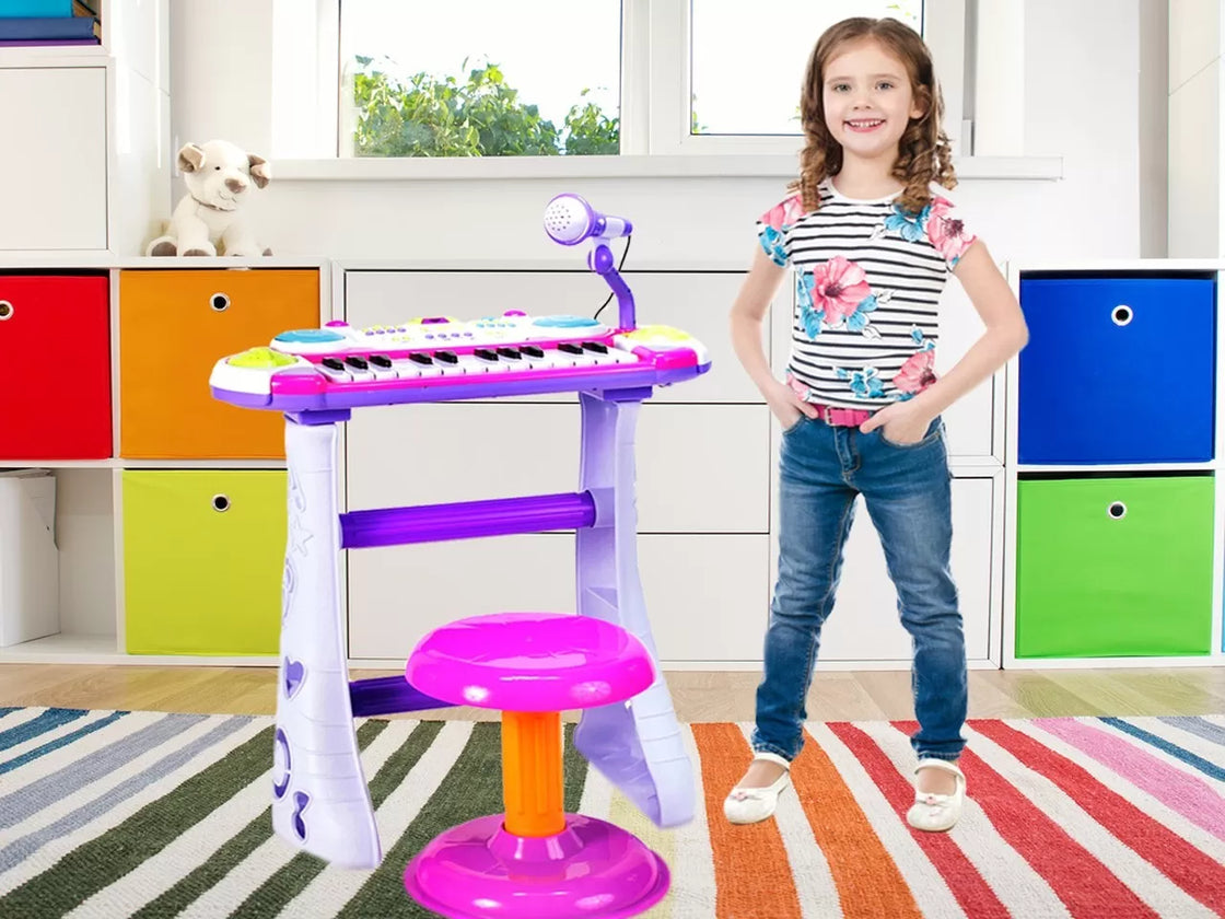 Instrument muzical pianina electronica malplay cu scaun si microfon 45 cm inaltime roz