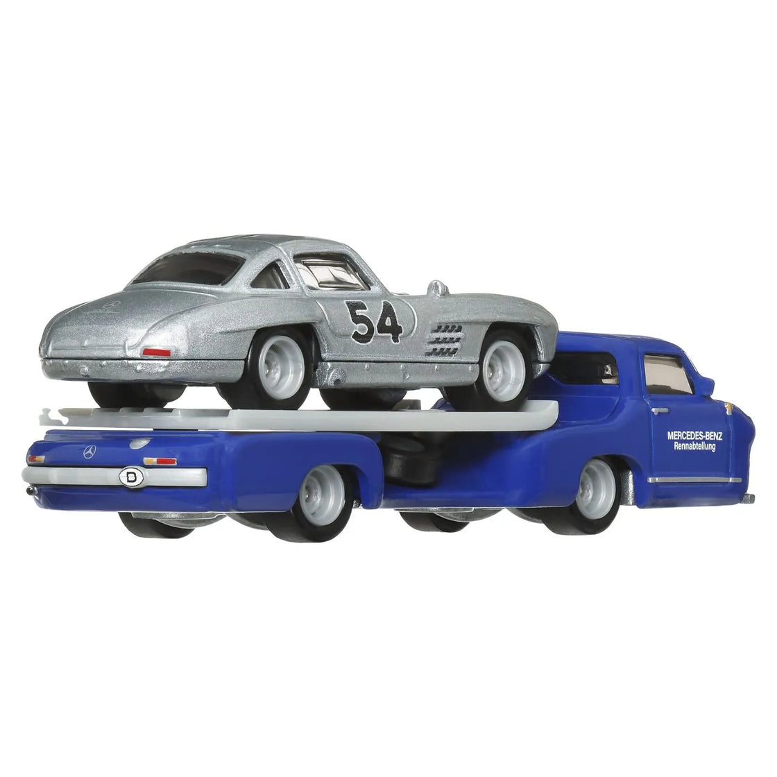Hot wheels transportator  mercedes-benz 55 blaues wunder cu masinuta mercedes-benz 300 sl scara 1:64