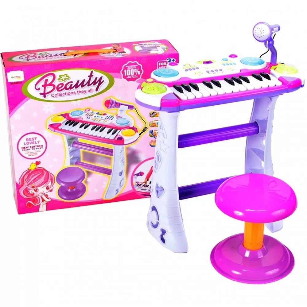 Instrument muzical pianina electronica malplay cu scaun si microfon 45 cm inaltime roz