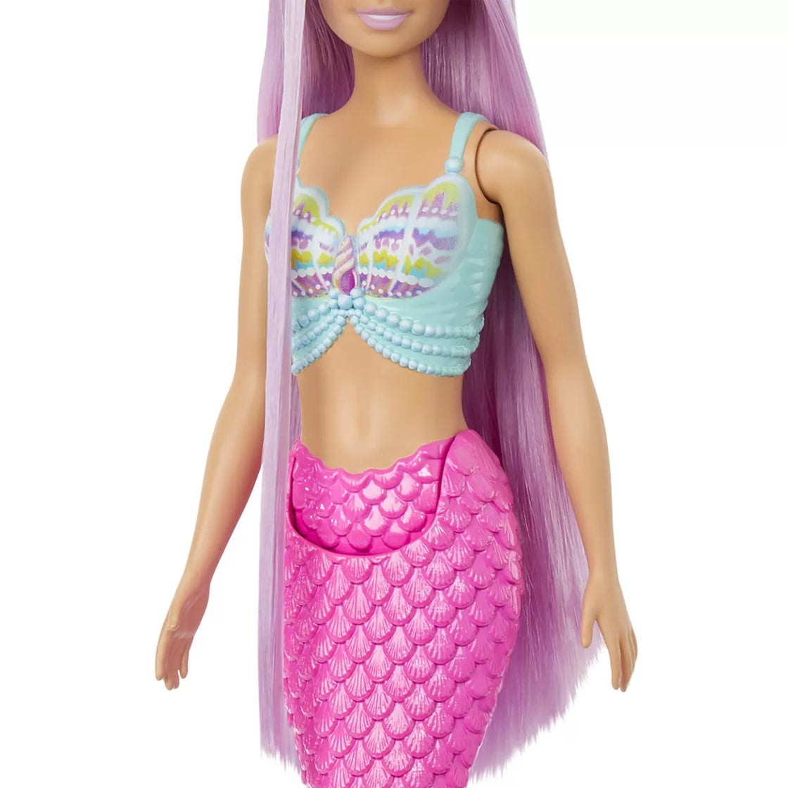 Barbie papusa sirena cu par mov si coada roz