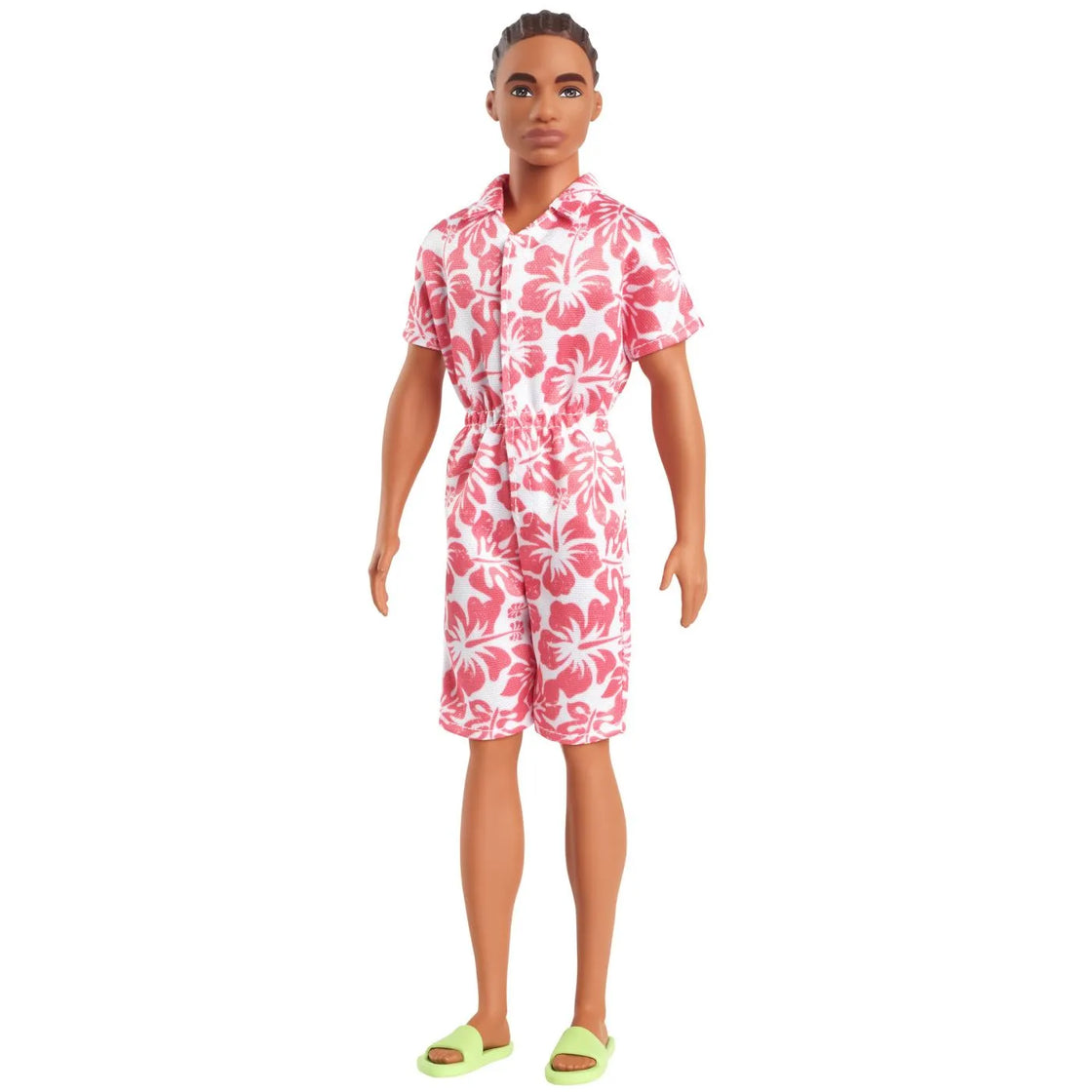 Barbie papusa baiat fashionistas in salopeta stil hawaian si sandale verzi