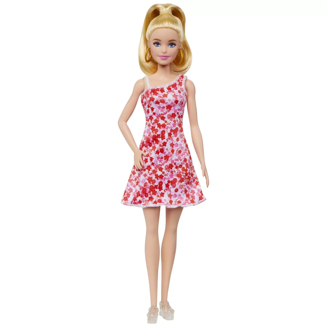 Barbie papusa barbie fashionista blonda cu parul prins in coada si rochie cu floricele
