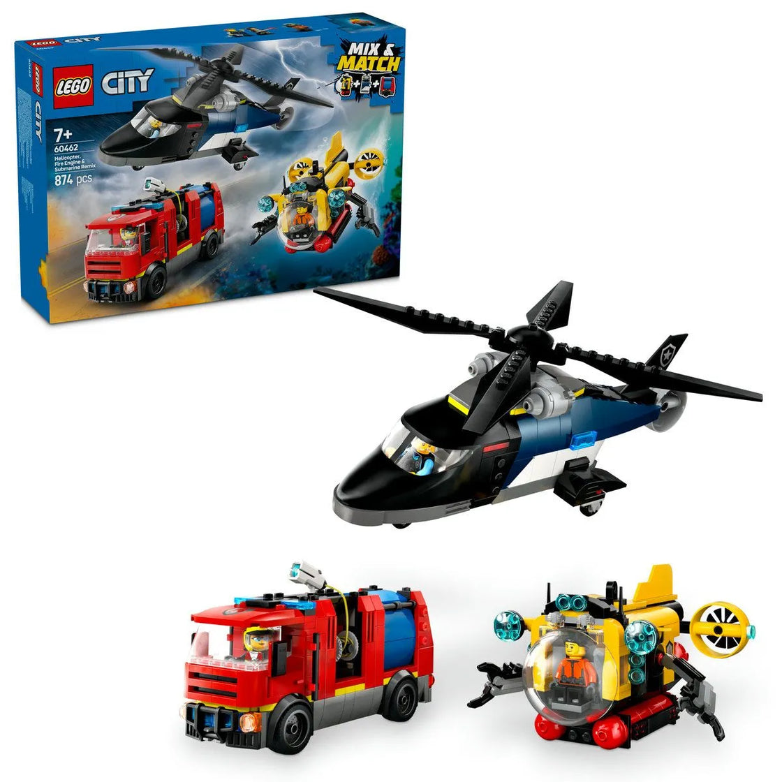 Lego city elicopter, camion de pompieri si submarin remixate 60462
