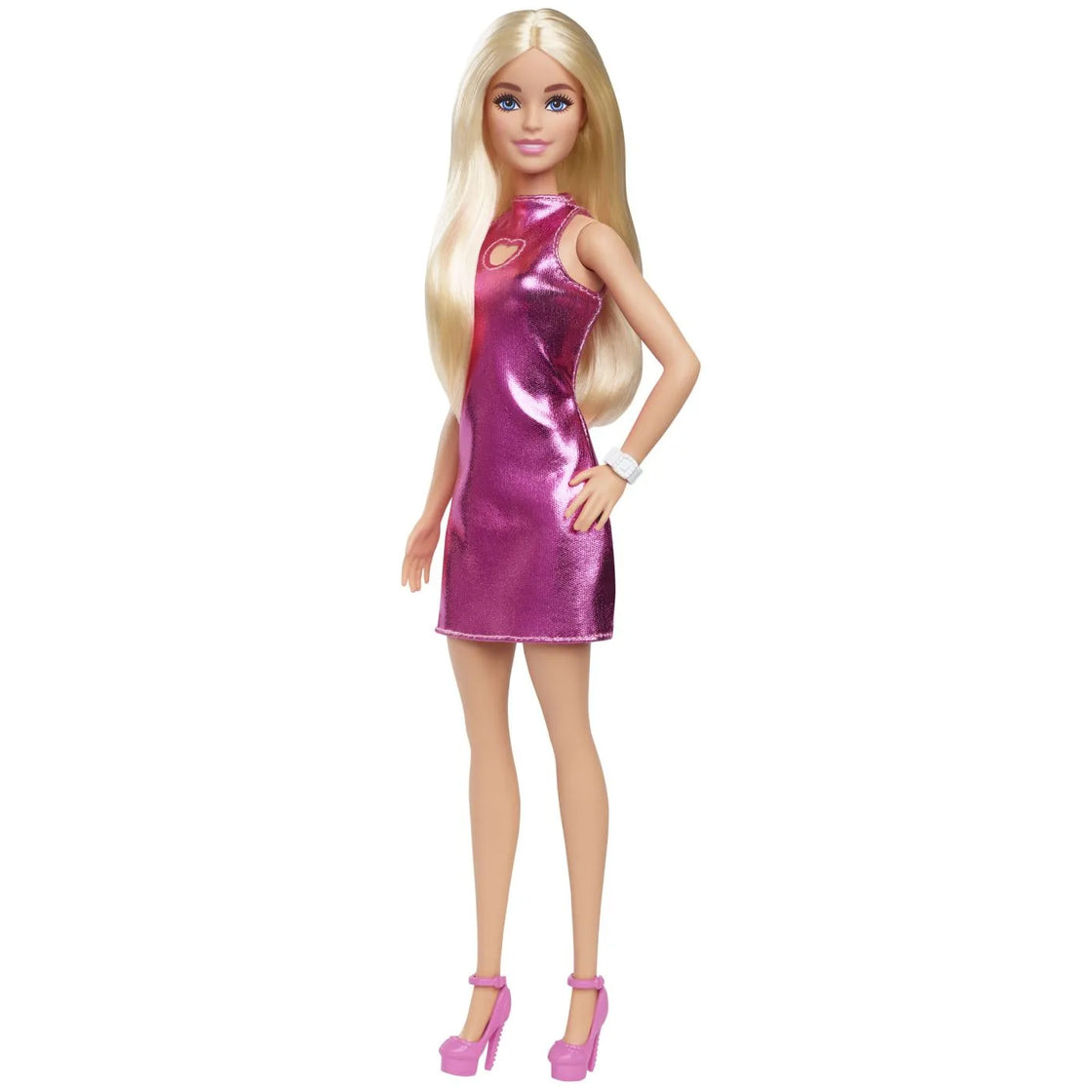 Barbie papusa barbie fashionistas blonda cu rochita roz metalica