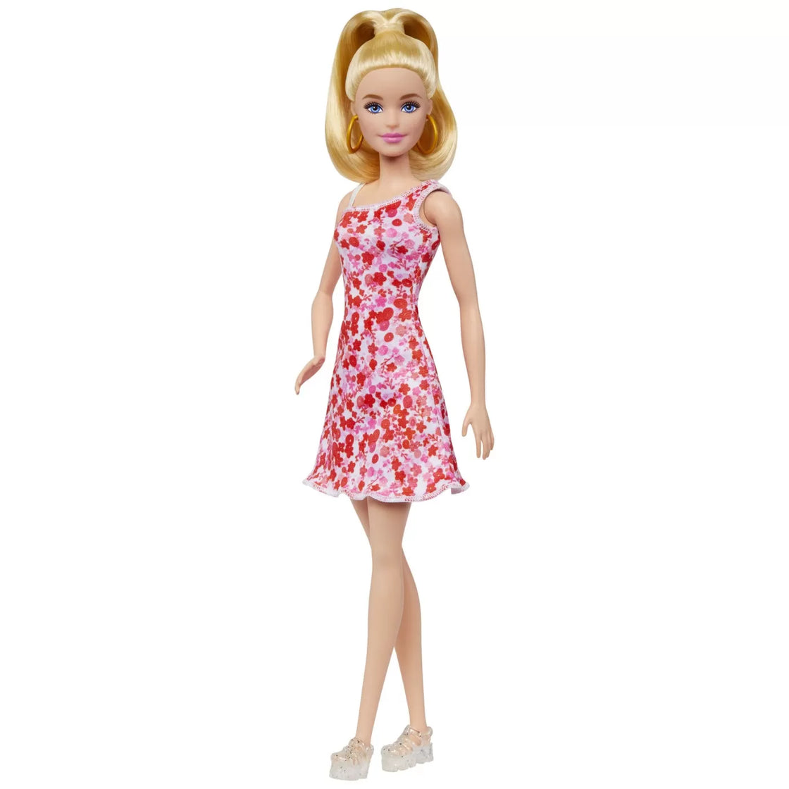 Barbie papusa barbie fashionista blonda cu parul prins in coada si rochie cu floricele
