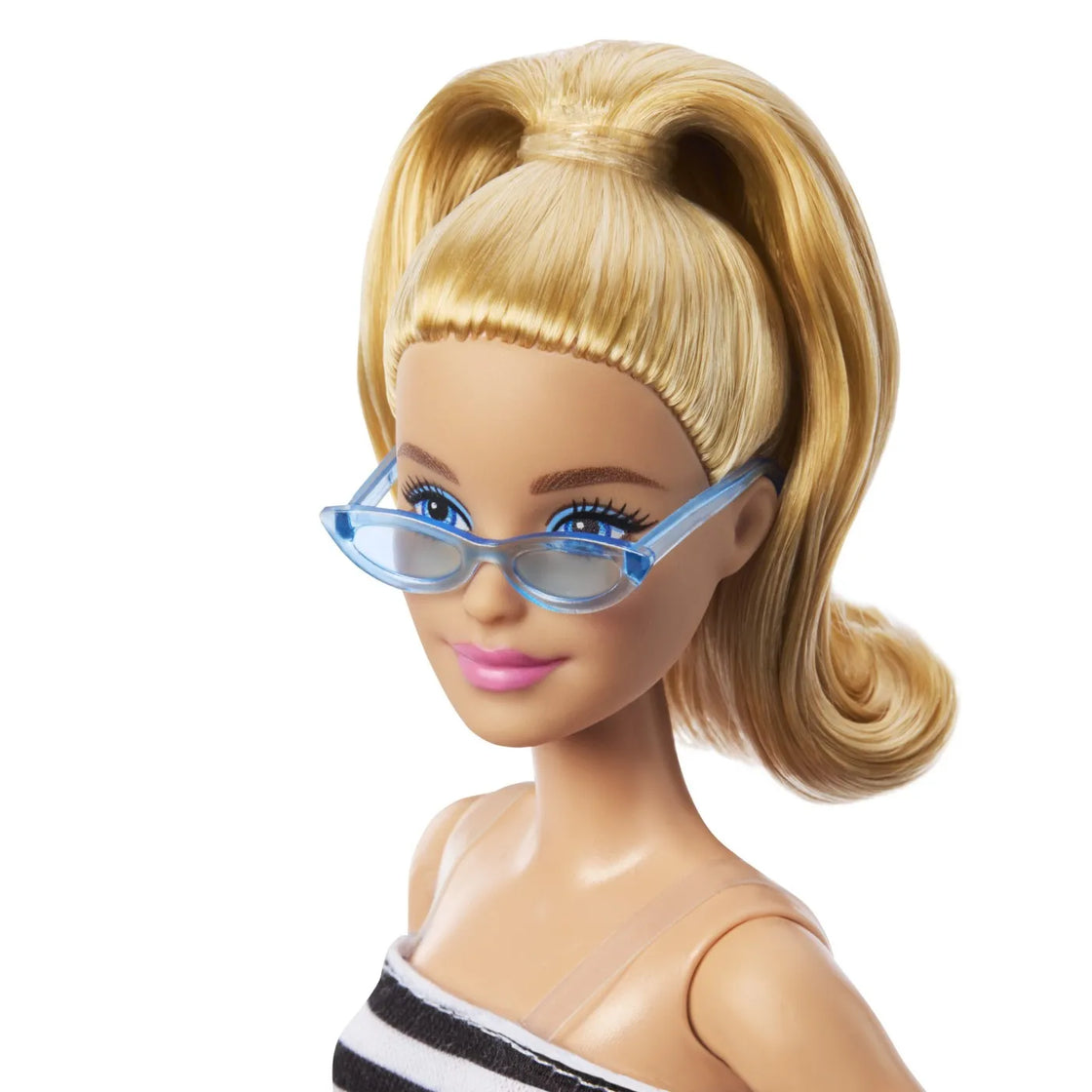 Barbie papusa barbie fashionista blonda cu parul prins in coada si fusta roz