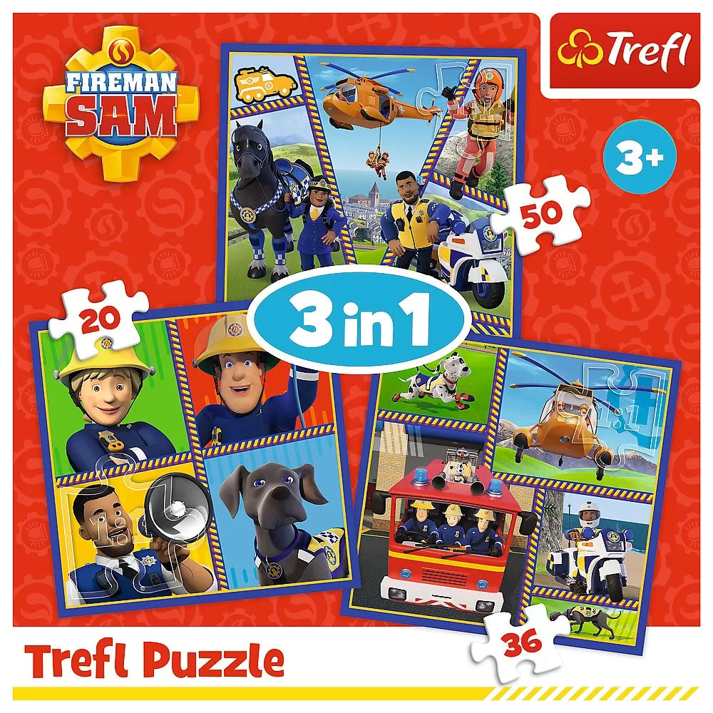 Puzzle trefl 3in1 pompierul sam o zi din viata pompierilor