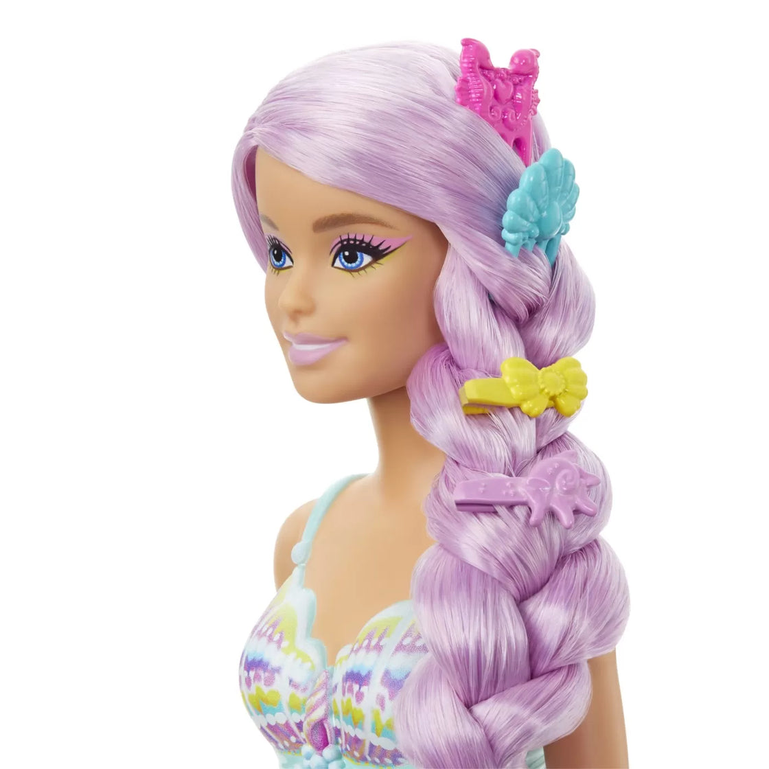 Barbie papusa sirena cu par mov si coada roz