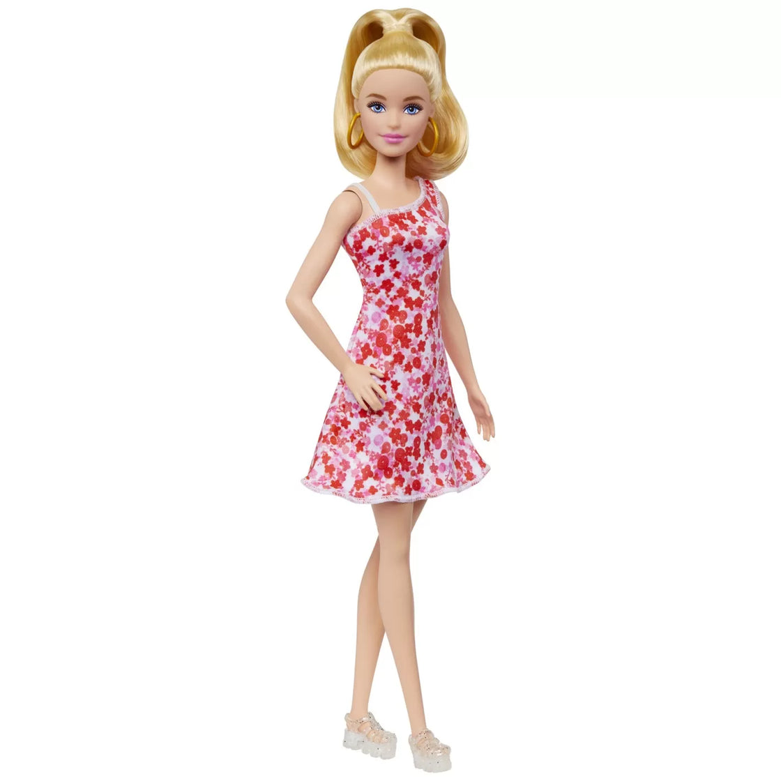 Barbie papusa barbie fashionista blonda cu parul prins in coada si rochie cu floricele
