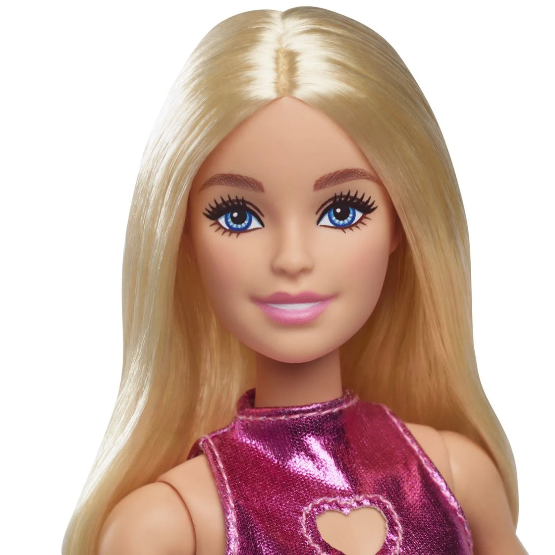 Barbie papusa barbie fashionistas blonda cu rochita roz metalica