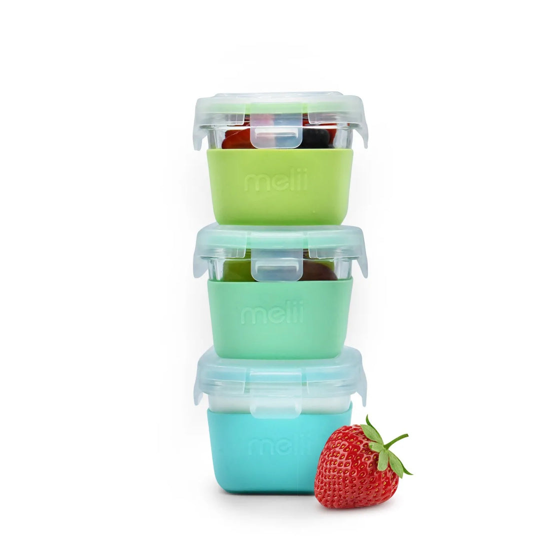 Set 3 recipiente sticla 3 160ml cu husa antiderapanta silicon melii blue mint lime