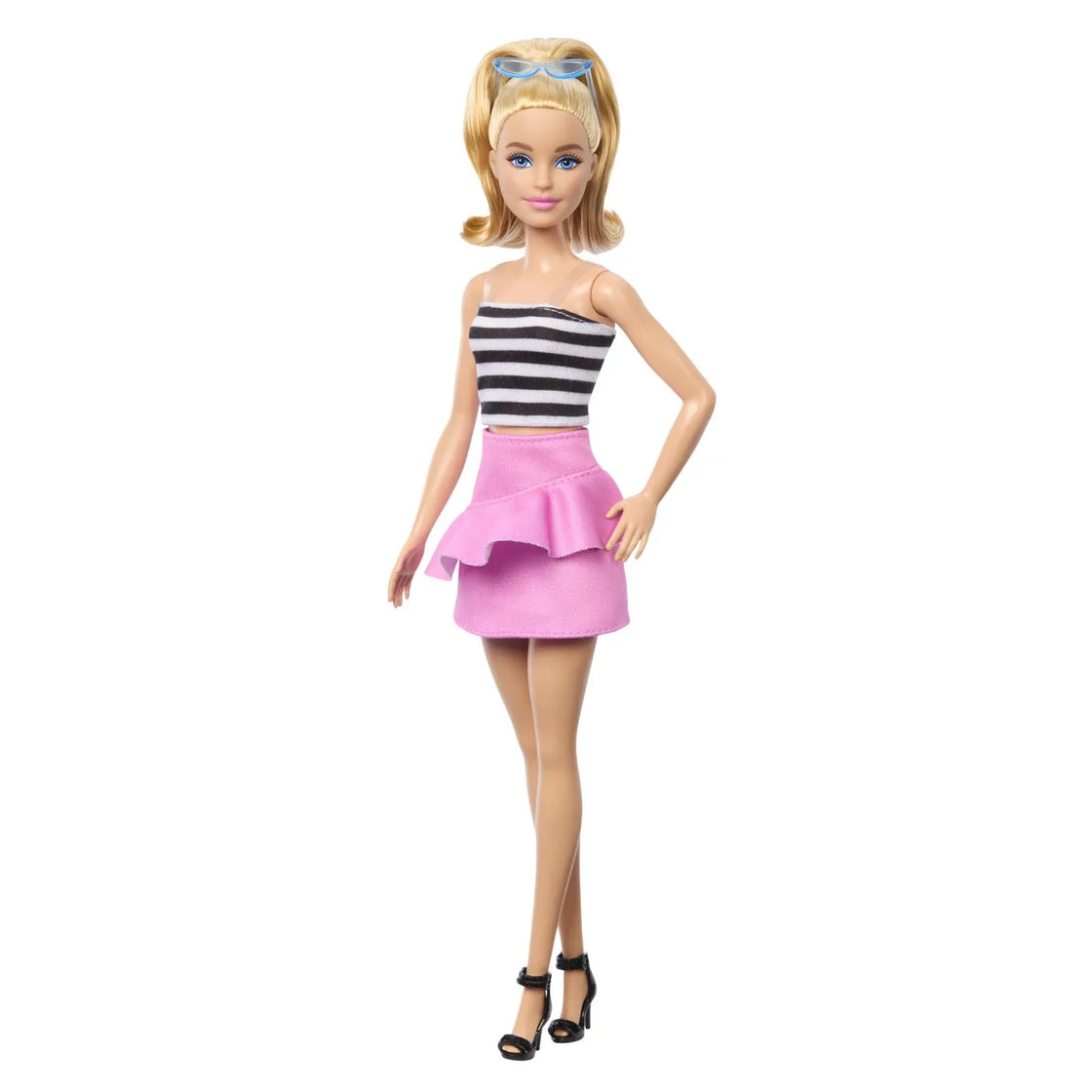 Barbie papusa barbie fashionista blonda cu parul prins in coada si fusta roz