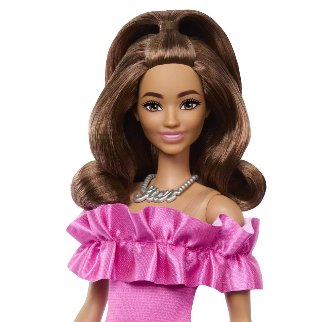Papusa barbie fashionista satena cu rochie roz