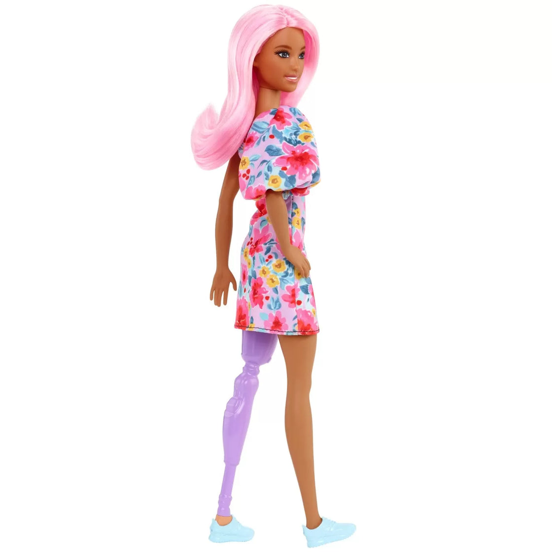Papusa barbie fashionista cu par roz si picior protetic