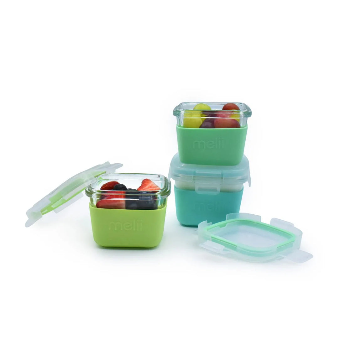 Set 3 recipiente sticla 3 160ml cu husa antiderapanta silicon melii blue mint lime