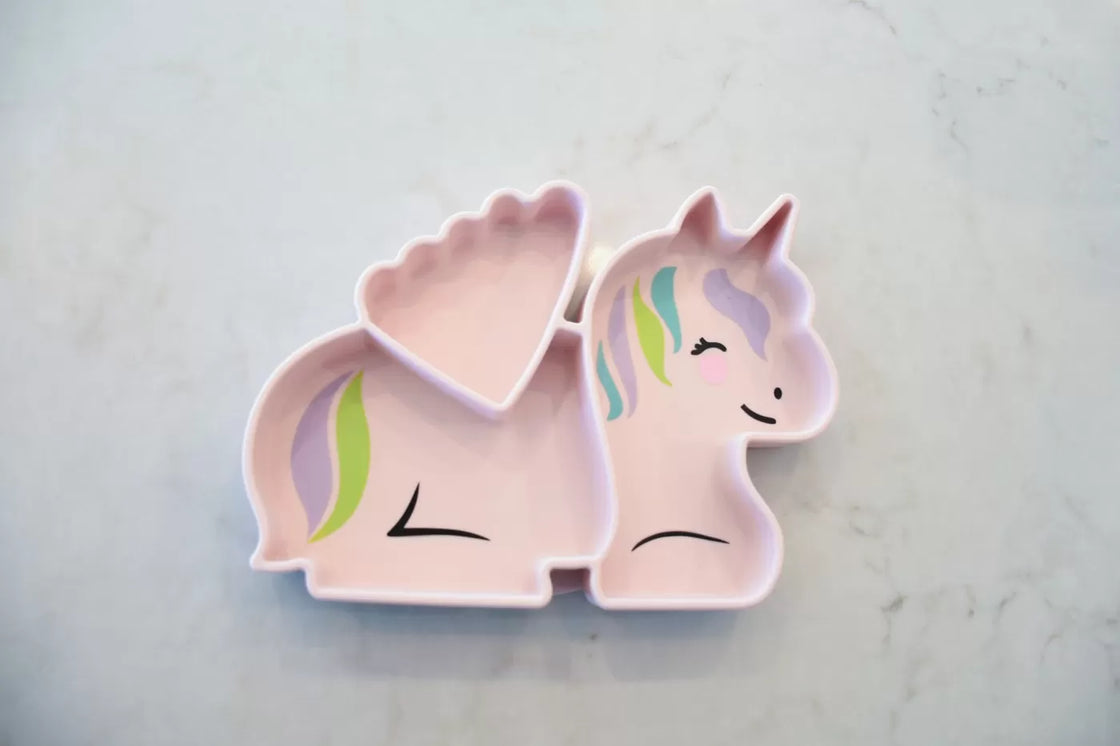 Farfurie compartimentata din silicon cu ventuza, melii, unicorn
