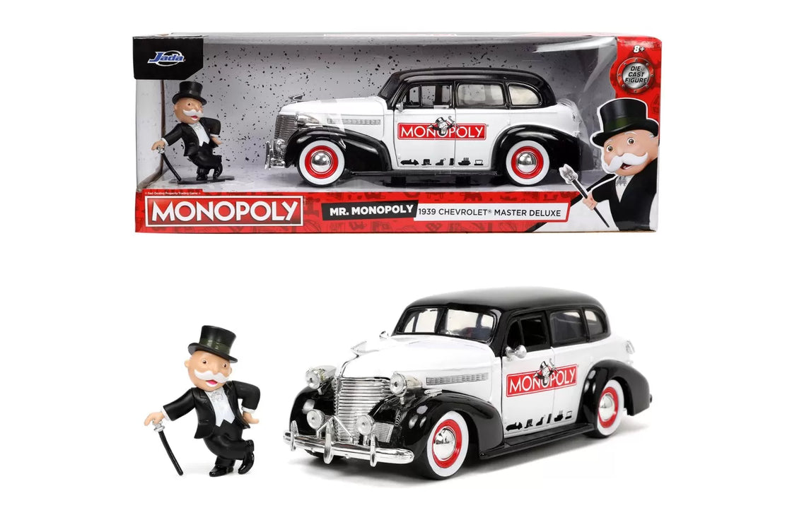 Jada set masinuta metalica chevrolet master deluxe 1939 scara 1:24 si figurina mr monopoly