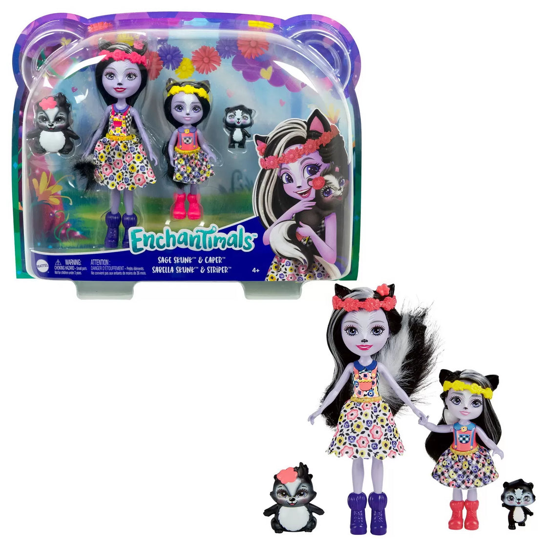 Enchantimals set papusi surori si animalutele lor sage skunk si caper si sabella skunk si striper