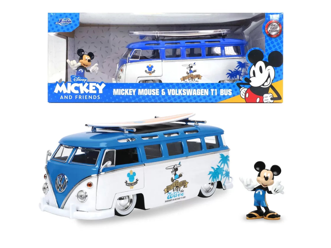 Jada masina din metal volkswagen t1 bus scara 1 la 24 si figurina mickey mouse