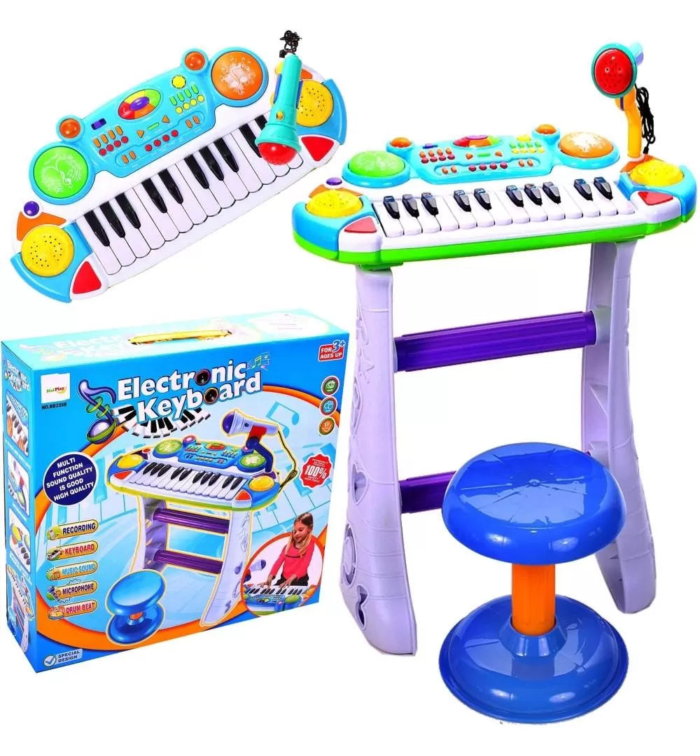 Instrument muzical pianina electronica malplay cu scaun si microfon 45 cm inaltime albastru