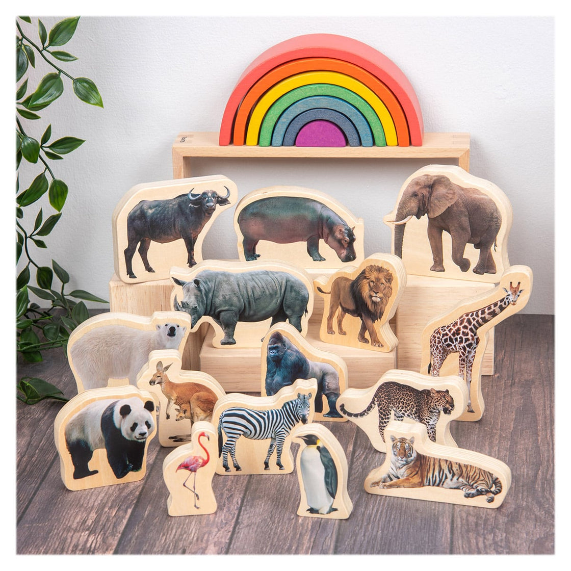 Blocuri din lemn cu Animale salbatice, 15 piese, TickiT