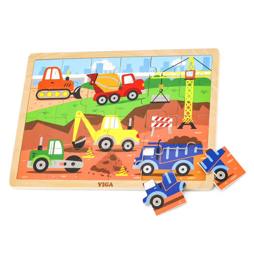 Puzzle din lemn 24 buc., utilaje de constructii
